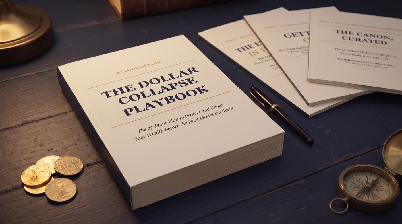The printed Dollar Collapse Playbook on a desk with the four bonus guides, gold coins, a fountain pen and a brass compass